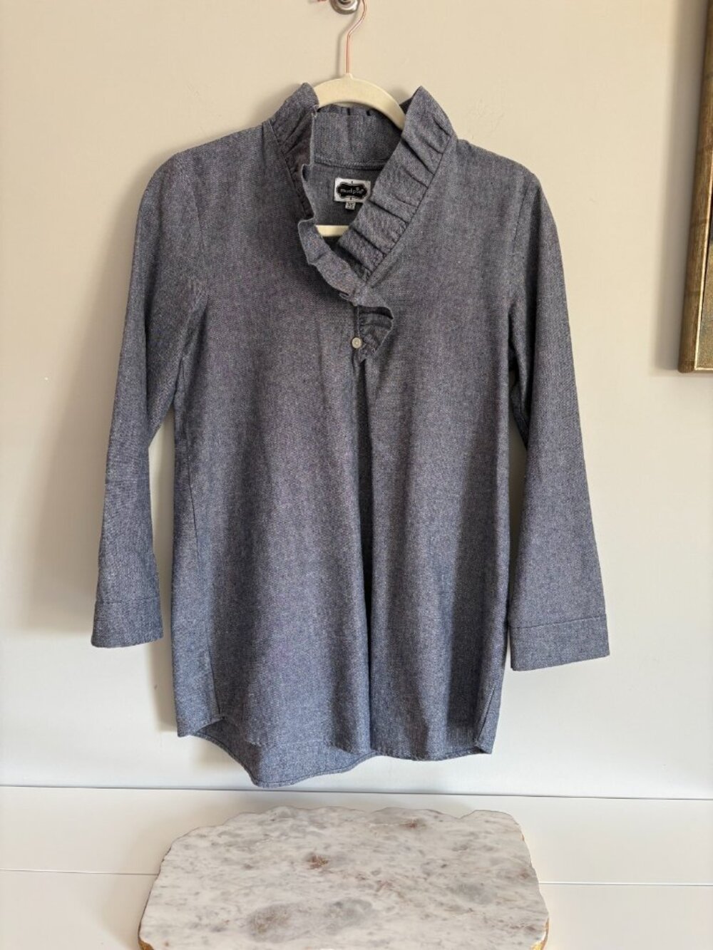 Mud Pie XS Whitney Ruffle Neck Cotton Blend Tunic Romantic Equestrian Rodeo Blue